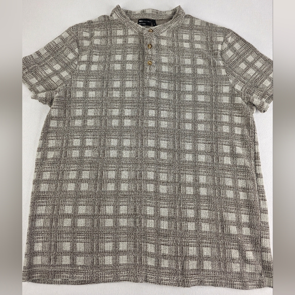 ASOS Design Men's Brown Cream Block Pattern Short Sleeve Henley Shirt XL R-0182